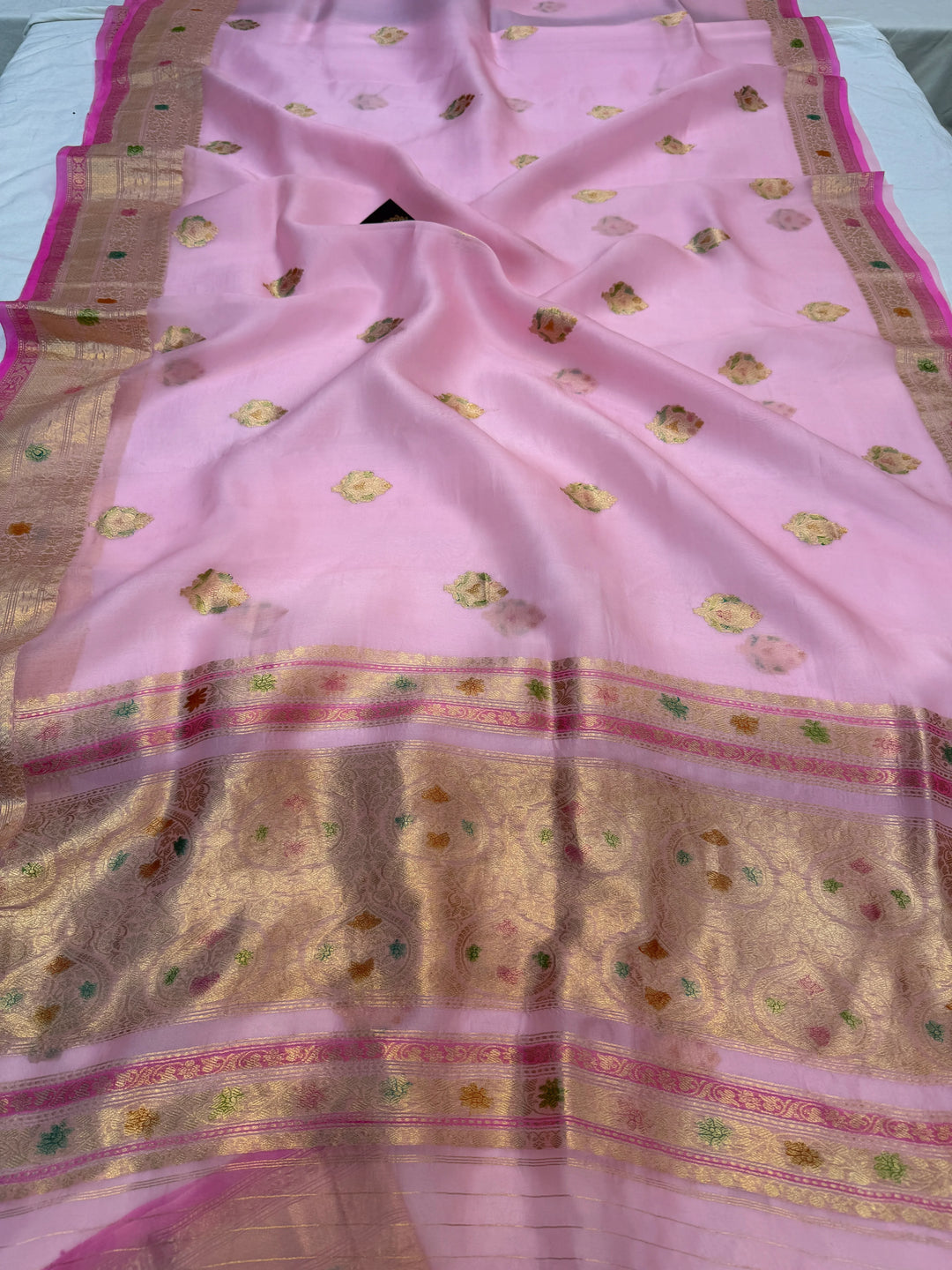 Baby Pink Pure Kora Silk Handloom Banarasi Saree