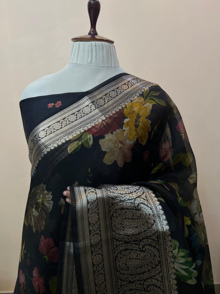 Pure Banarasi handloom Kora silk saree with vibrant floral digital print and silver zari border