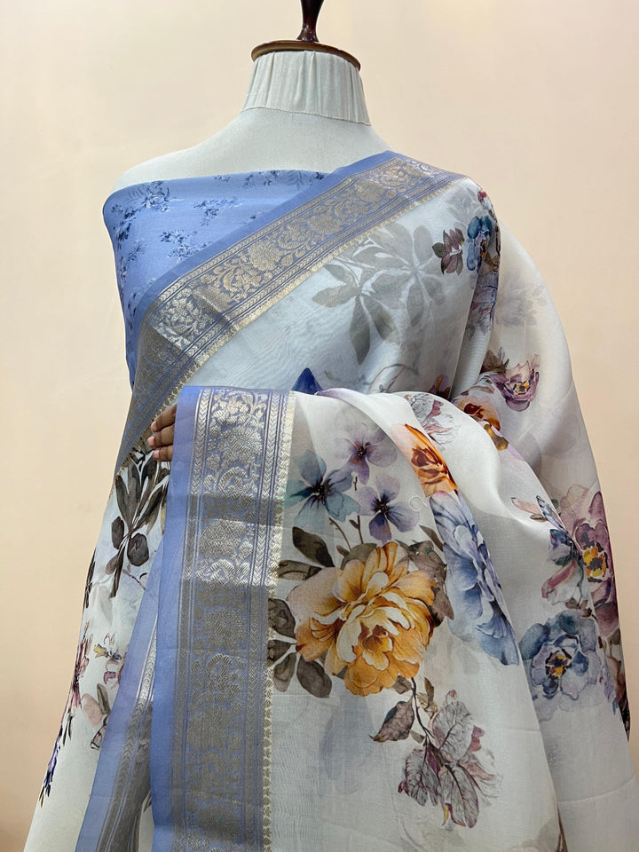 Pure Banarasi handloom Kora silk saree with vibrant floral digital print and silver zari border