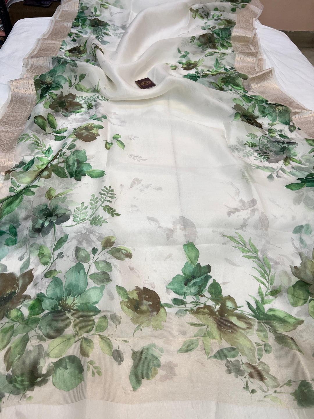 Pure Banarasi handloom Kora silk saree with vibrant floral digital print and silver zari border