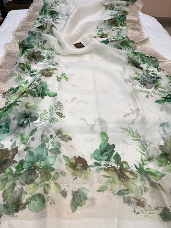 Pure Banarasi handloom Kora silk saree with vibrant floral digital print and silver zari border