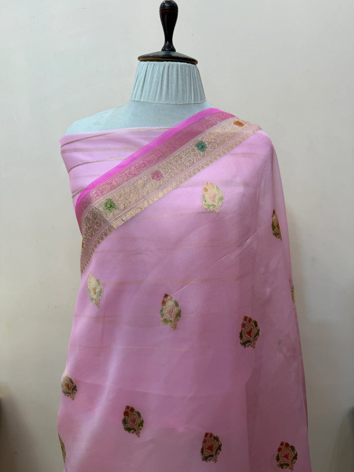 Baby Pink Pure Kora Silk Handloom Banarasi Saree