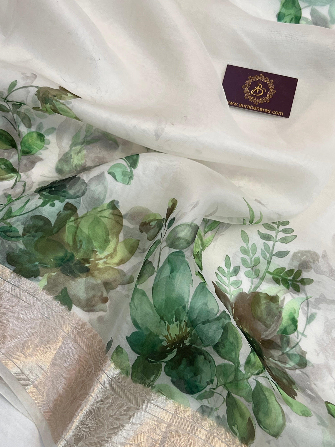 Detailed view of colorful floral digital print on pure Kora silk Banarasi saree