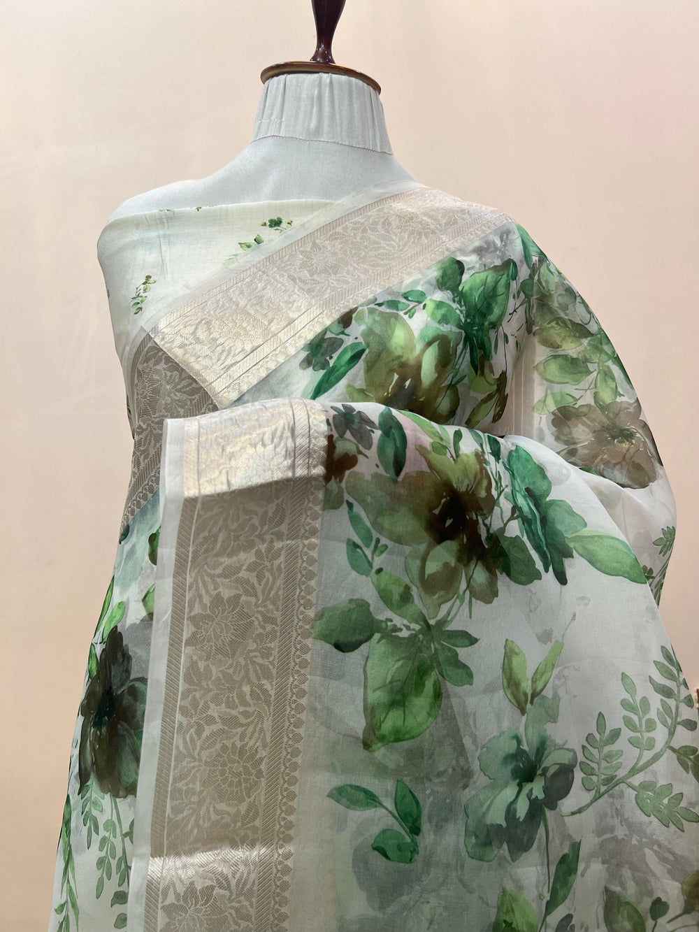 Pure Banarasi handloom Kora silk saree with vibrant floral digital print and silver zari border