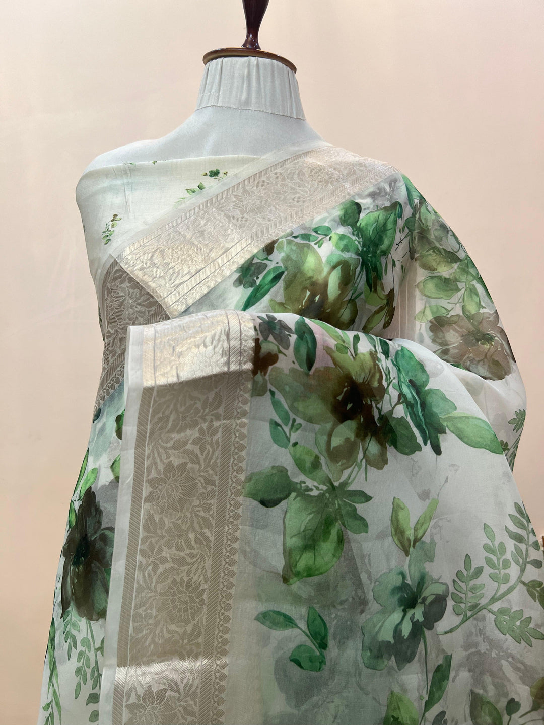 Pure Banarasi handloom Kora silk saree with vibrant floral digital print and silver zari border