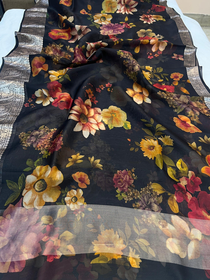 Pure Banarasi handloom Kora silk saree with vibrant floral digital print and silver zari border