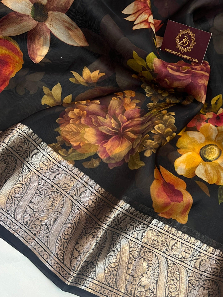 Detailed view of colorful floral digital print on pure Kora silk Banarasi saree