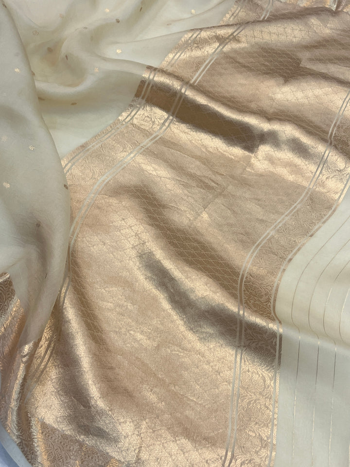 Cream Pure Kora Silk Handloom Banarasi Saree