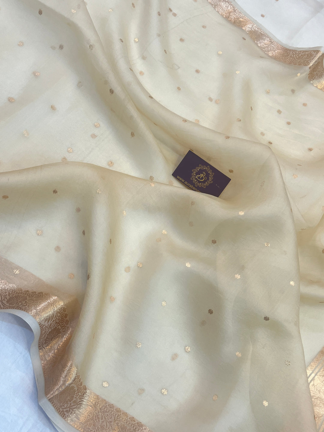 Cream Pure Kora Silk Handloom Banarasi Saree