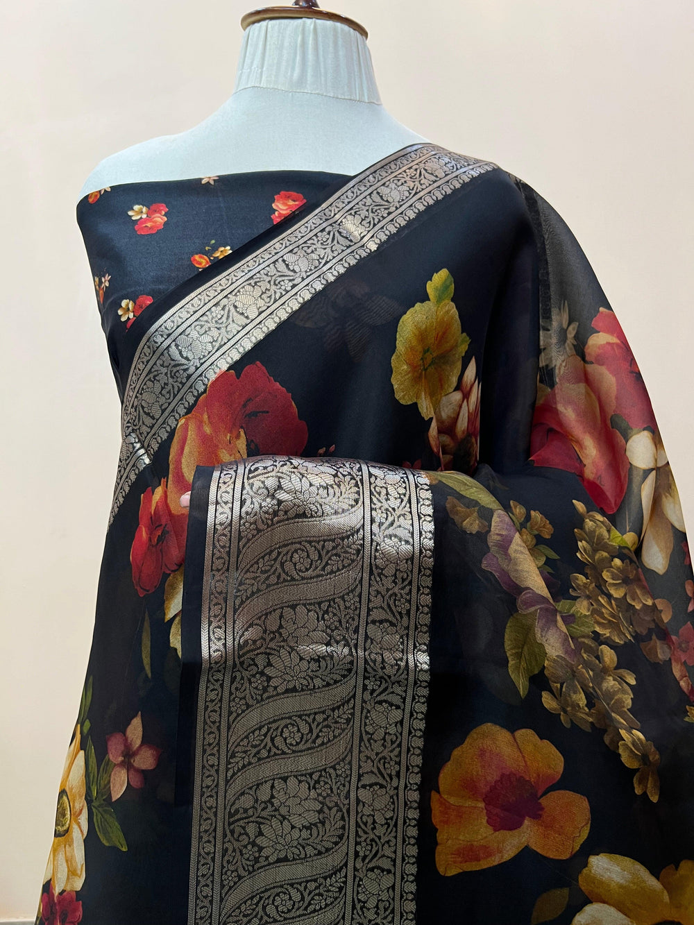 Pure Banarasi handloom Kora silk saree with vibrant floral digital print and silver zari border