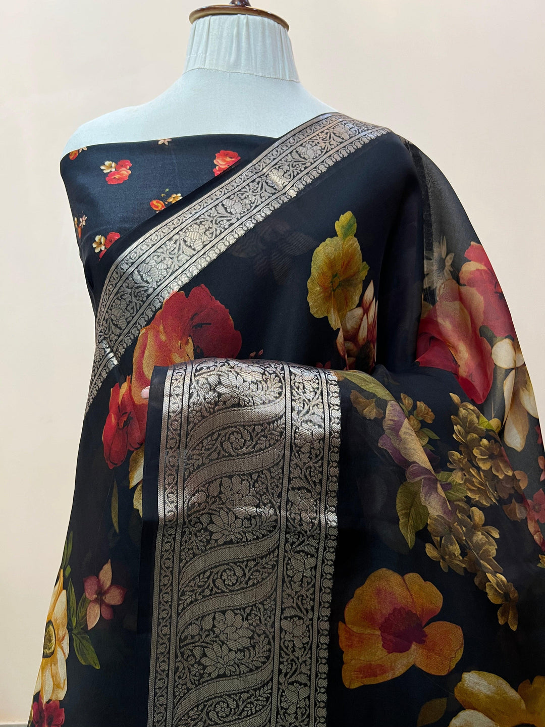 Pure Banarasi handloom Kora silk saree with vibrant floral digital print and silver zari border
