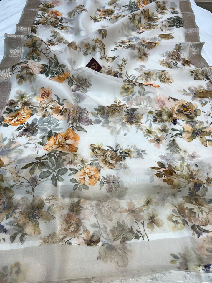 Pure Banarasi handloom Kora silk saree with vibrant floral digital print and silver zari border