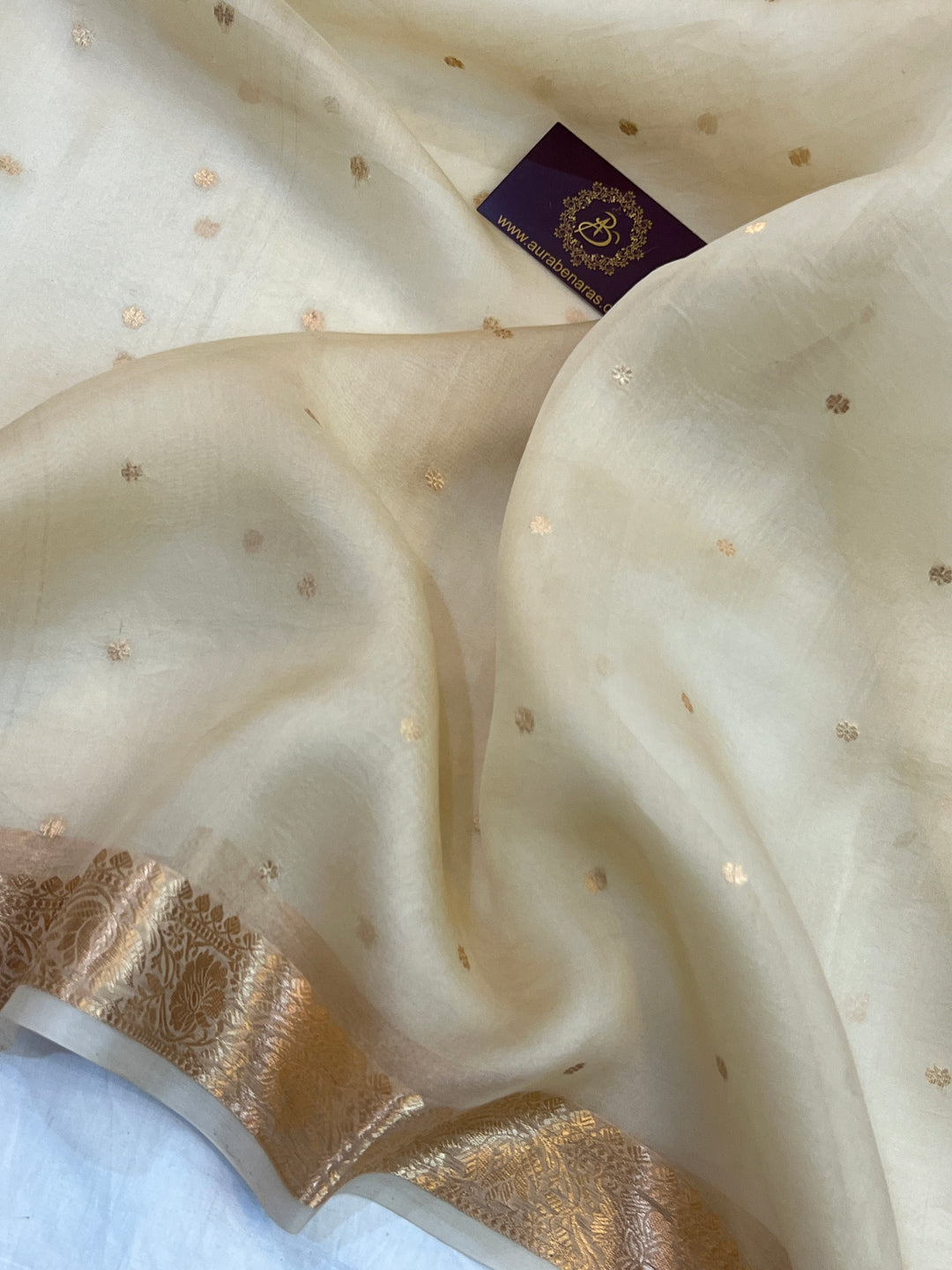 Cream Pure Kora Silk Handloom Banarasi Saree
