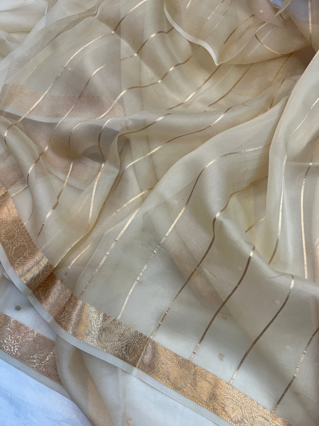 Cream Pure Kora Silk Handloom Banarasi Saree