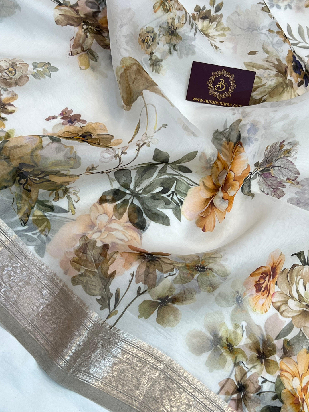 Detailed view of colorful floral digital print on pure Kora silk Banarasi saree