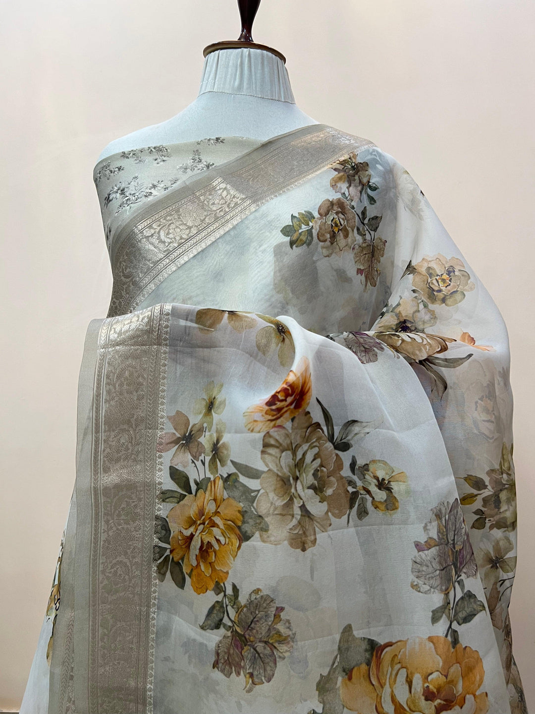 Pure Banarasi handloom Kora silk saree with vibrant floral digital print and silver zari border