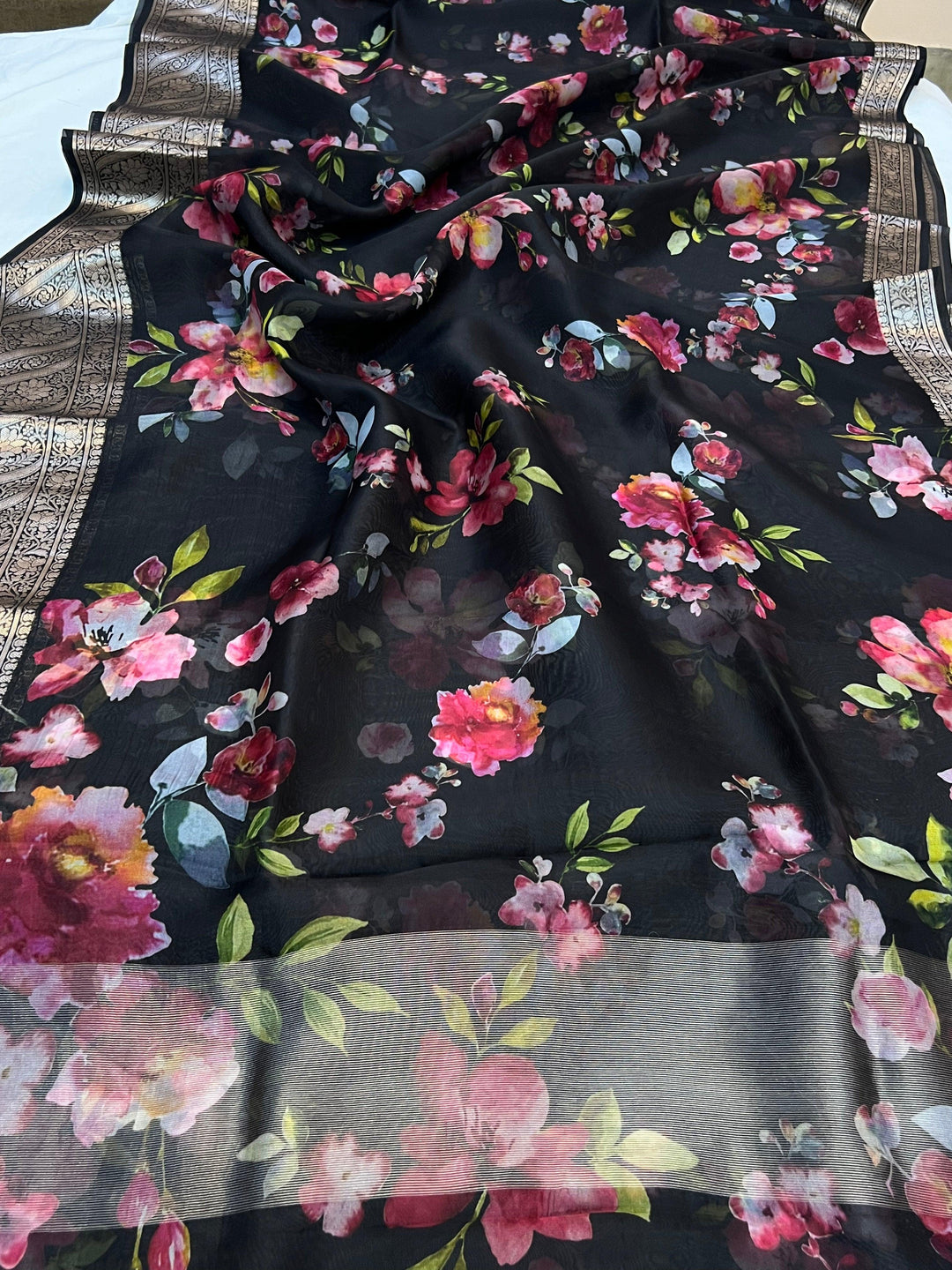 Pure Banarasi handloom Kora silk saree with vibrant floral digital print and silver zari border