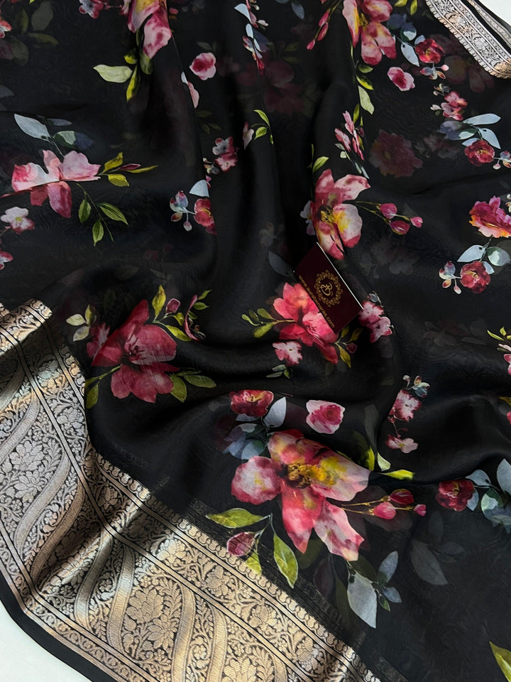 Elegant silver zari Banarasi border on Kora silk saree with floral digital design