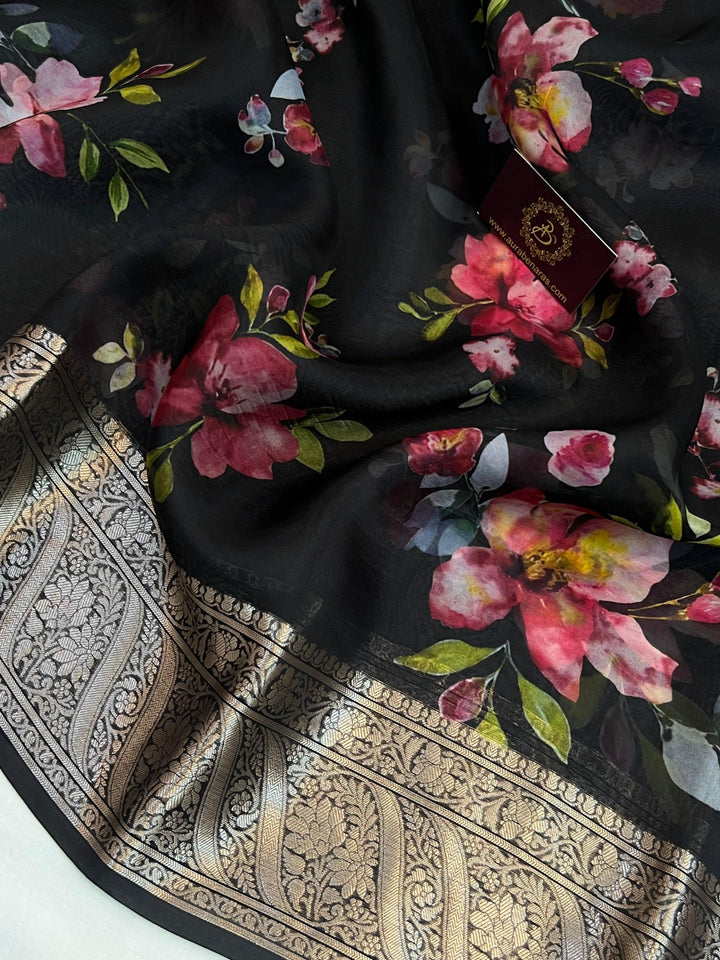 Detailed view of colorful floral digital print on pure Kora silk Banarasi saree