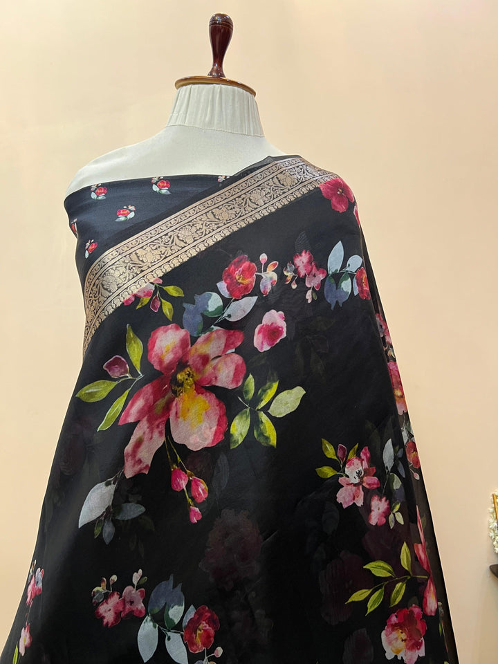 Pure Banarasi handloom Kora silk saree with vibrant floral digital print and silver zari border