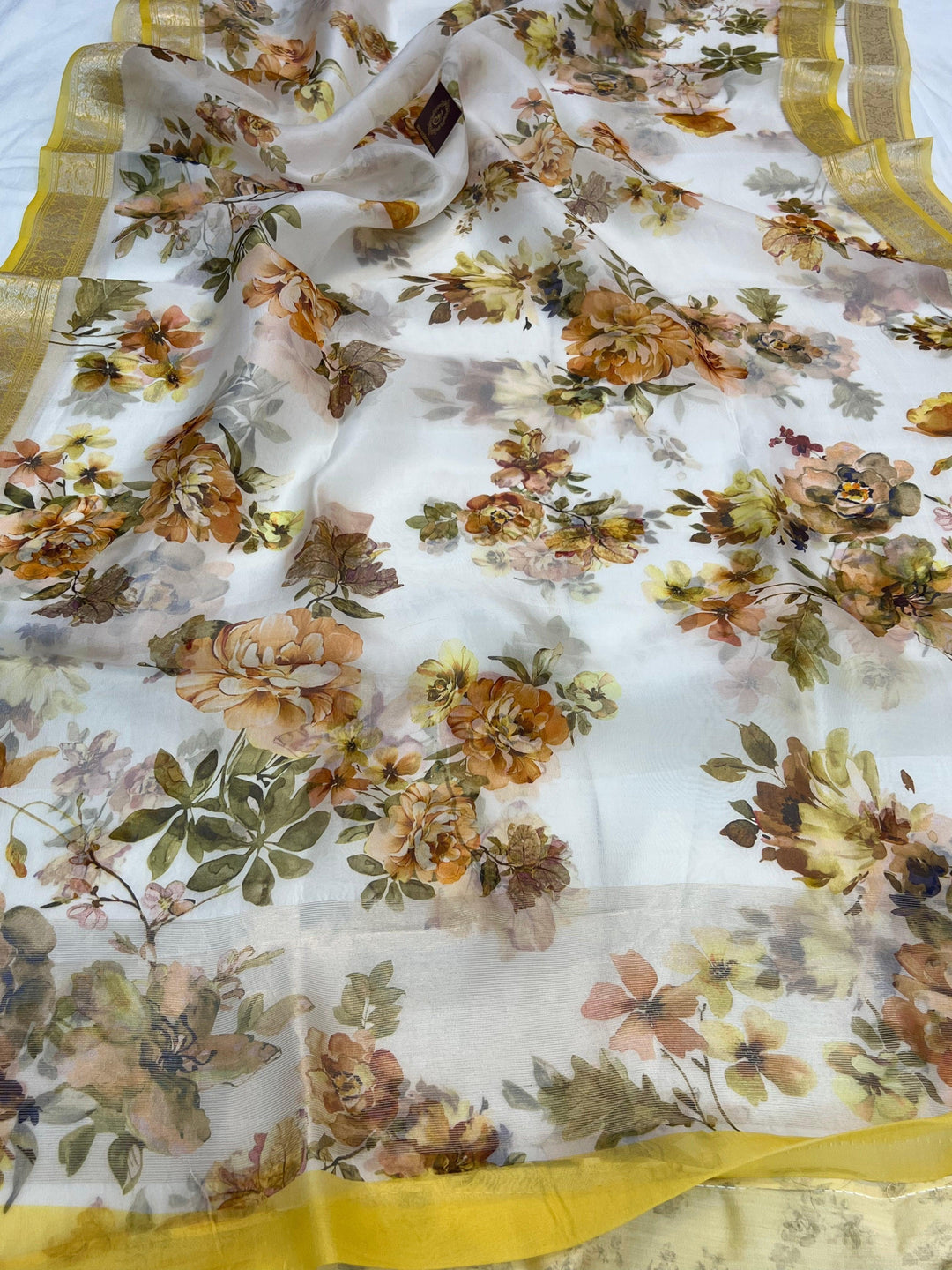 White Pure Kora Silk Handloom Banarasi Saree with Digital print