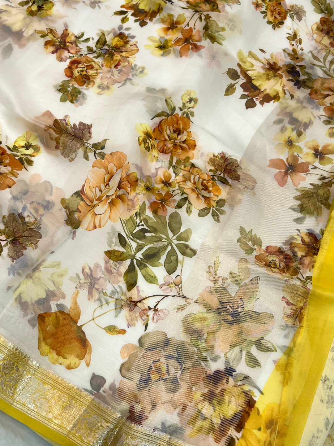 White Pure Kora Silk Handloom Banarasi Saree with Digital print