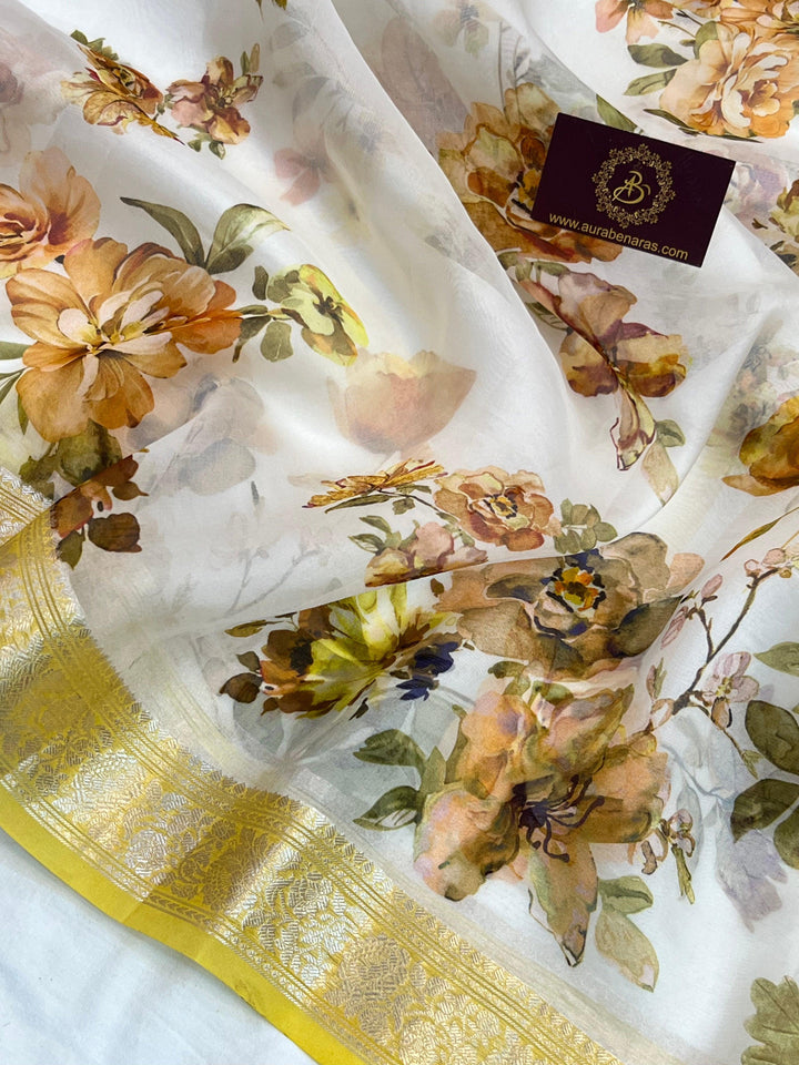 White Pure Kora Silk Handloom Banarasi Saree with Digital print