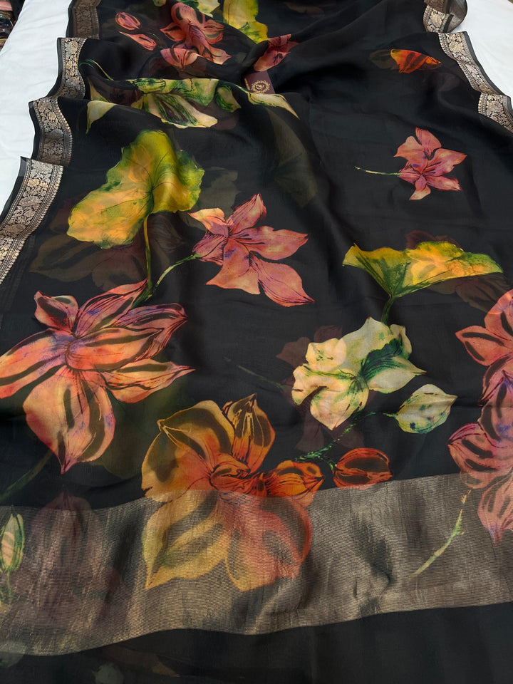 Pure Banarasi handloom Kora silk saree with vibrant floral digital print and silver zari border