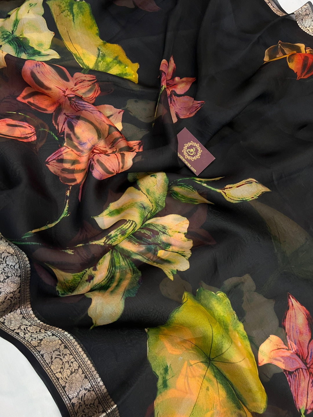 Elegant silver zari Banarasi border on Kora silk saree with floral digital design