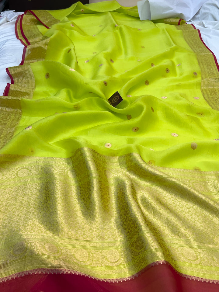 Lime Green Pure Kora Silk Handloom Banarasi Saree