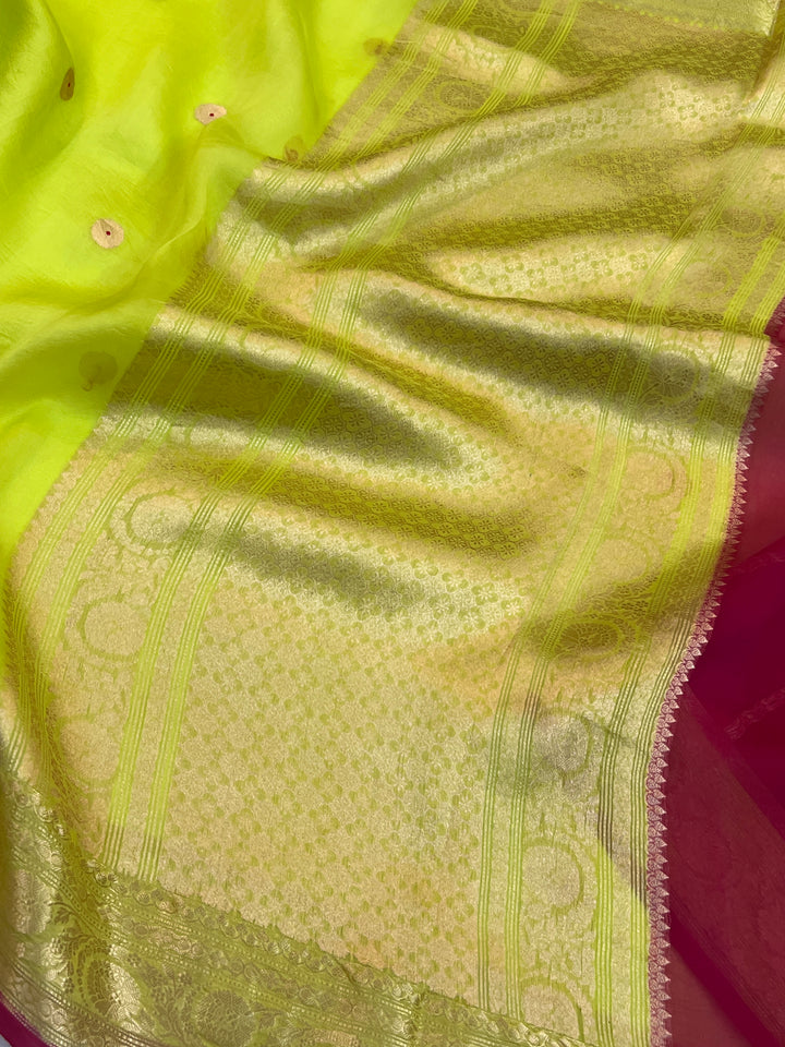 Lime Green Pure Kora Silk Handloom Banarasi Saree