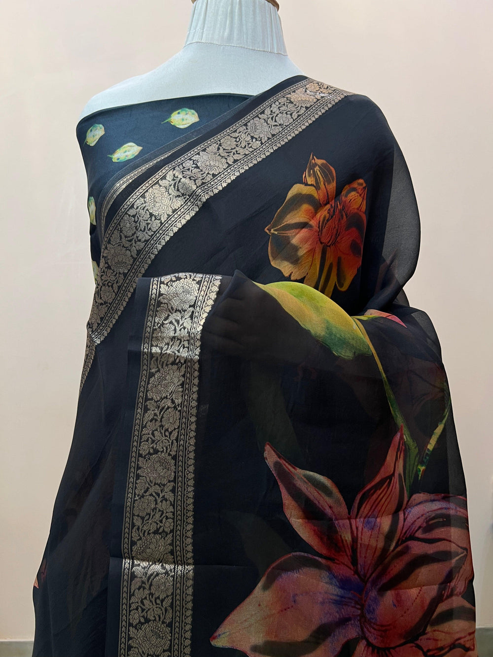Pure Banarasi handloom Kora silk saree with vibrant floral digital print and silver zari border