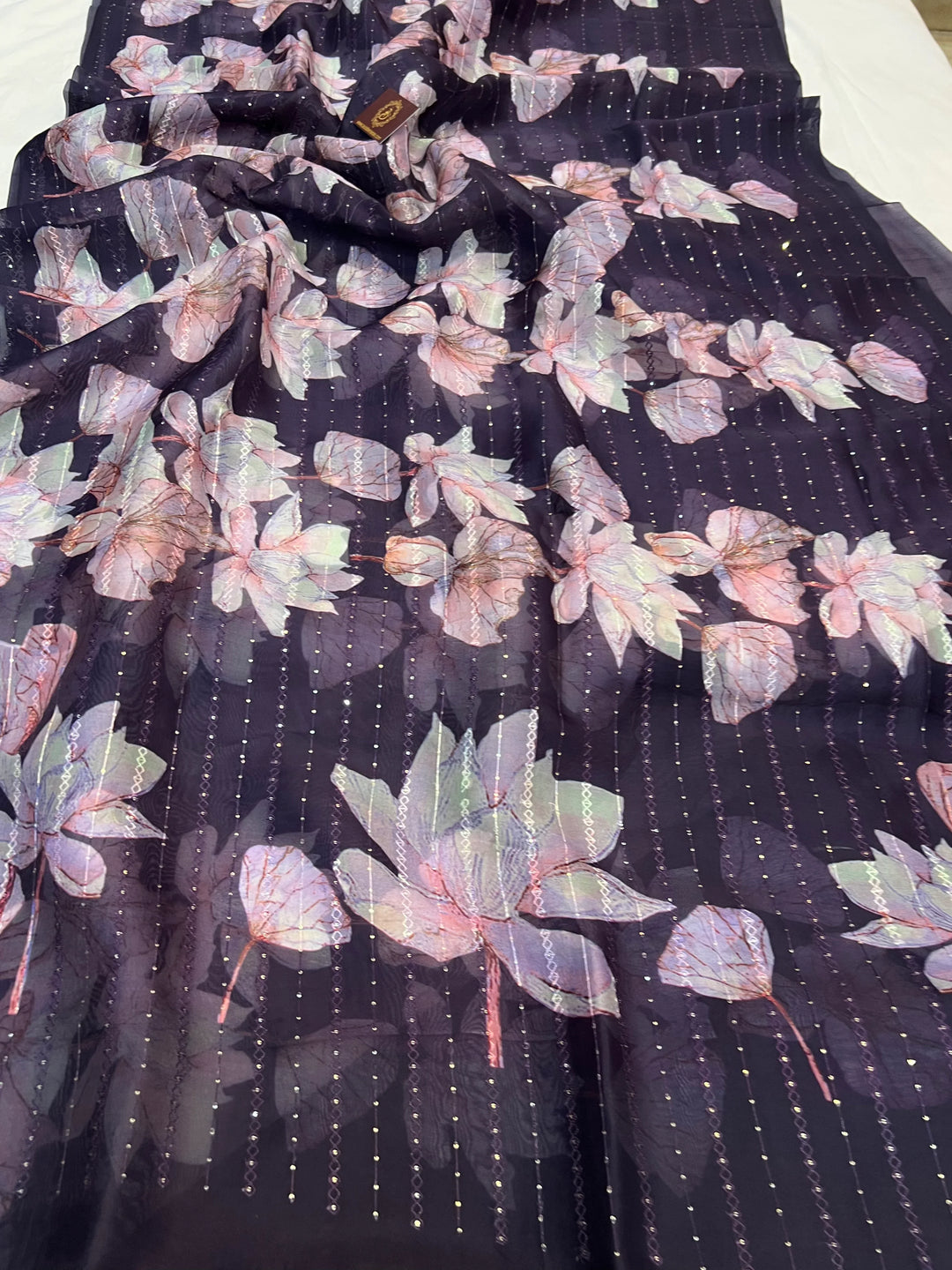 Wine Banarasi Kora Silk Saree with floral digital print and sequin embroidery