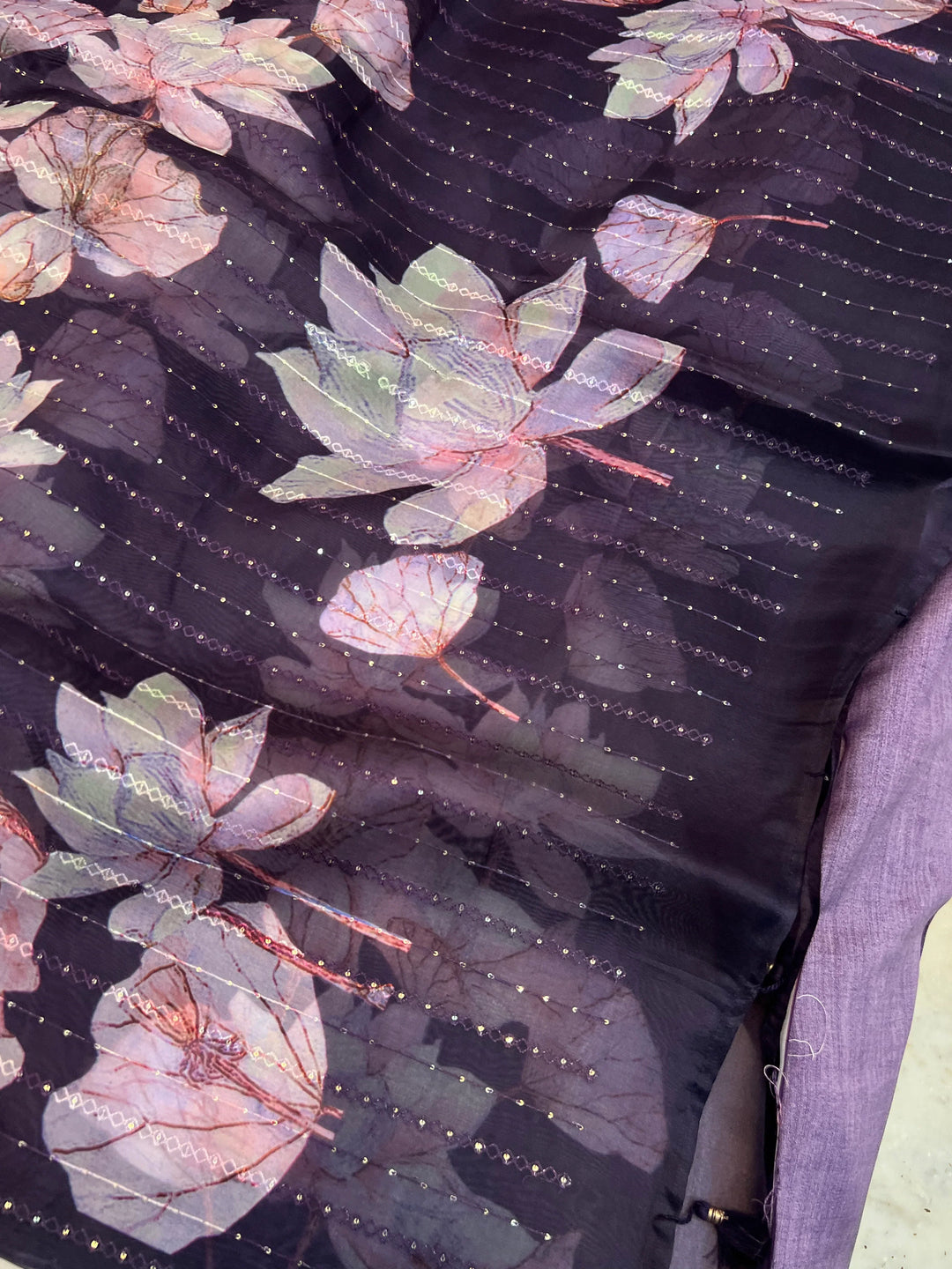 Wine Banarasi Kora Silk Saree with floral digital print and sequin embroidery