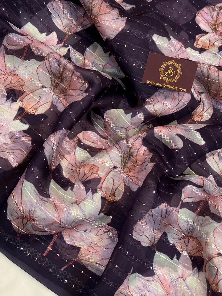 Wine Banarasi Kora Silk Saree with floral digital print and sequin embroidery