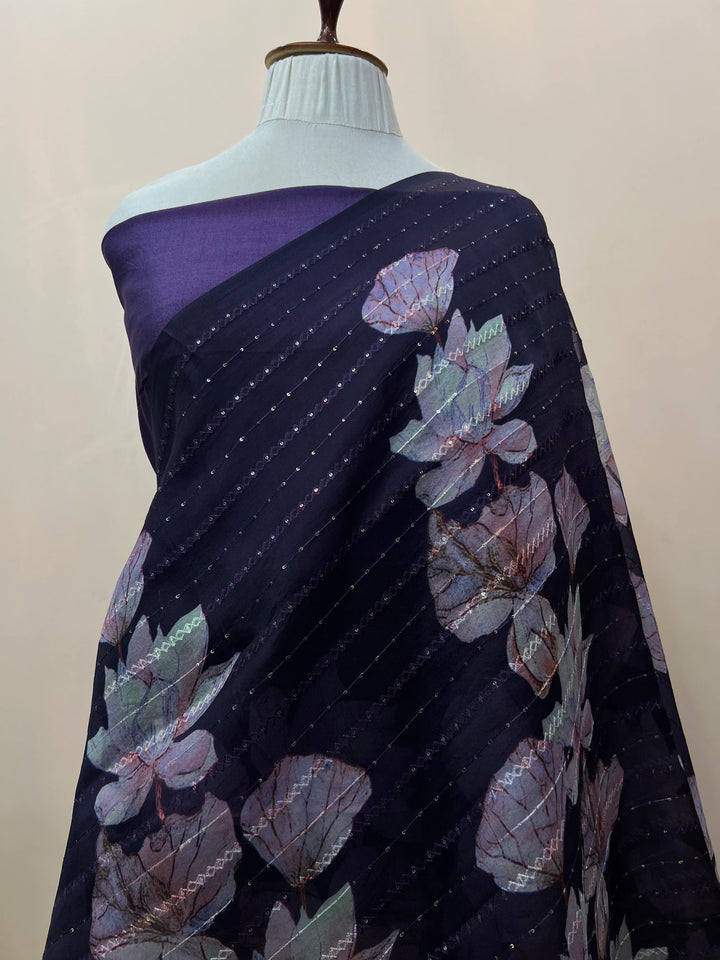 Wine Banarasi Kora Silk Saree with floral digital print and sequin embroidery