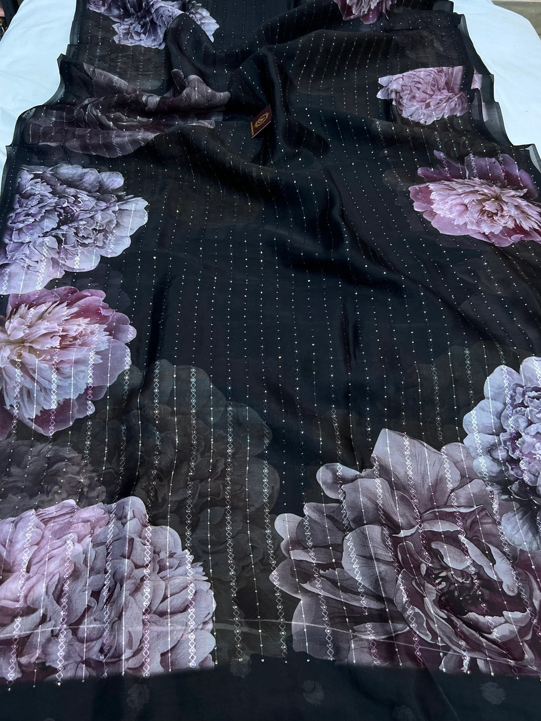 Black Banarasi Kora Silk Saree with floral digital print and sequin embroidery