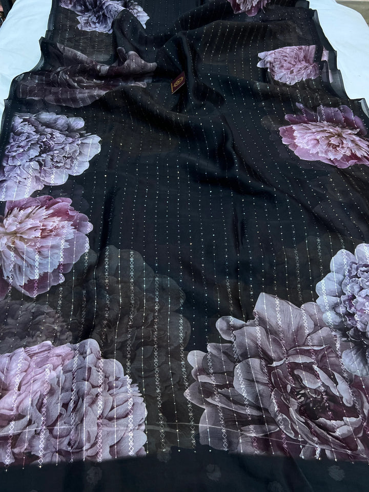 Black Banarasi Kora Silk Saree with floral digital print and sequin embroidery