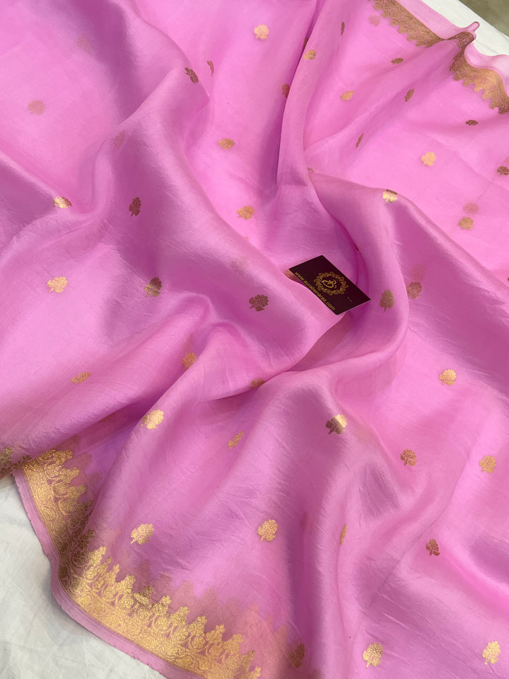 Pinkish Lavender Banarasi Handloom Kora Silk Saree