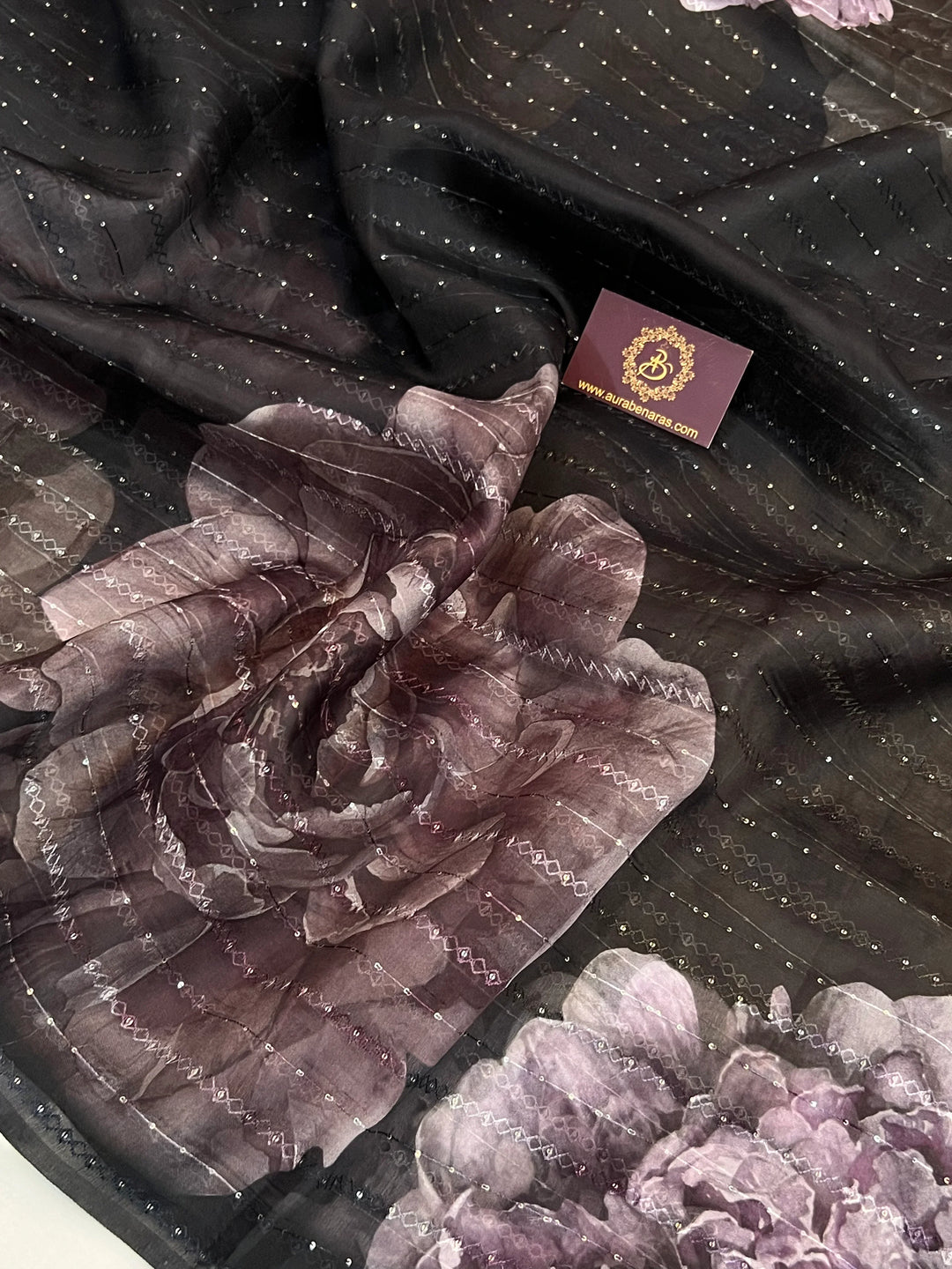 Black Banarasi Kora Silk Saree with floral digital print and sequin embroidery