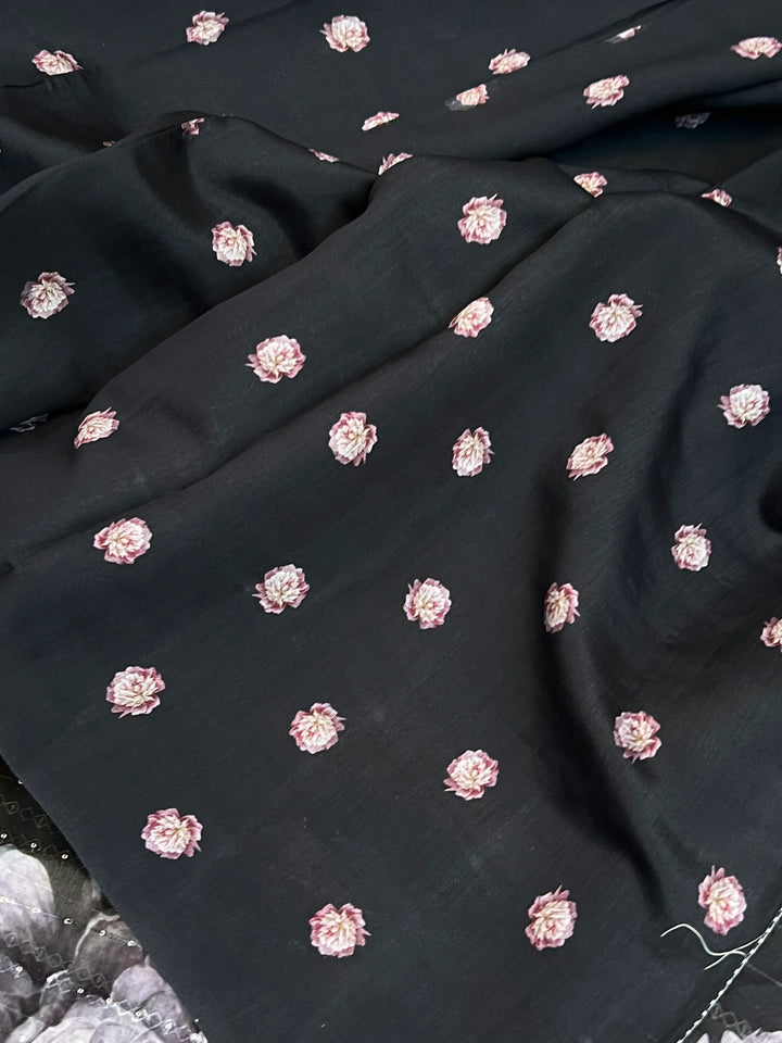 Black Banarasi Kora Silk Saree with floral digital print and sequin embroidery