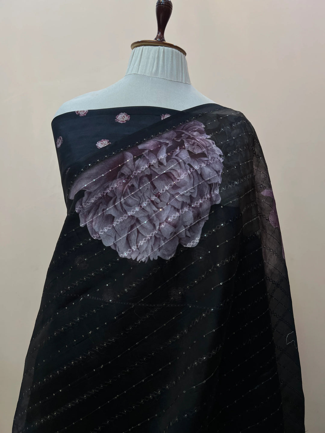 Black Banarasi Kora Silk Saree with floral digital print and sequin embroidery