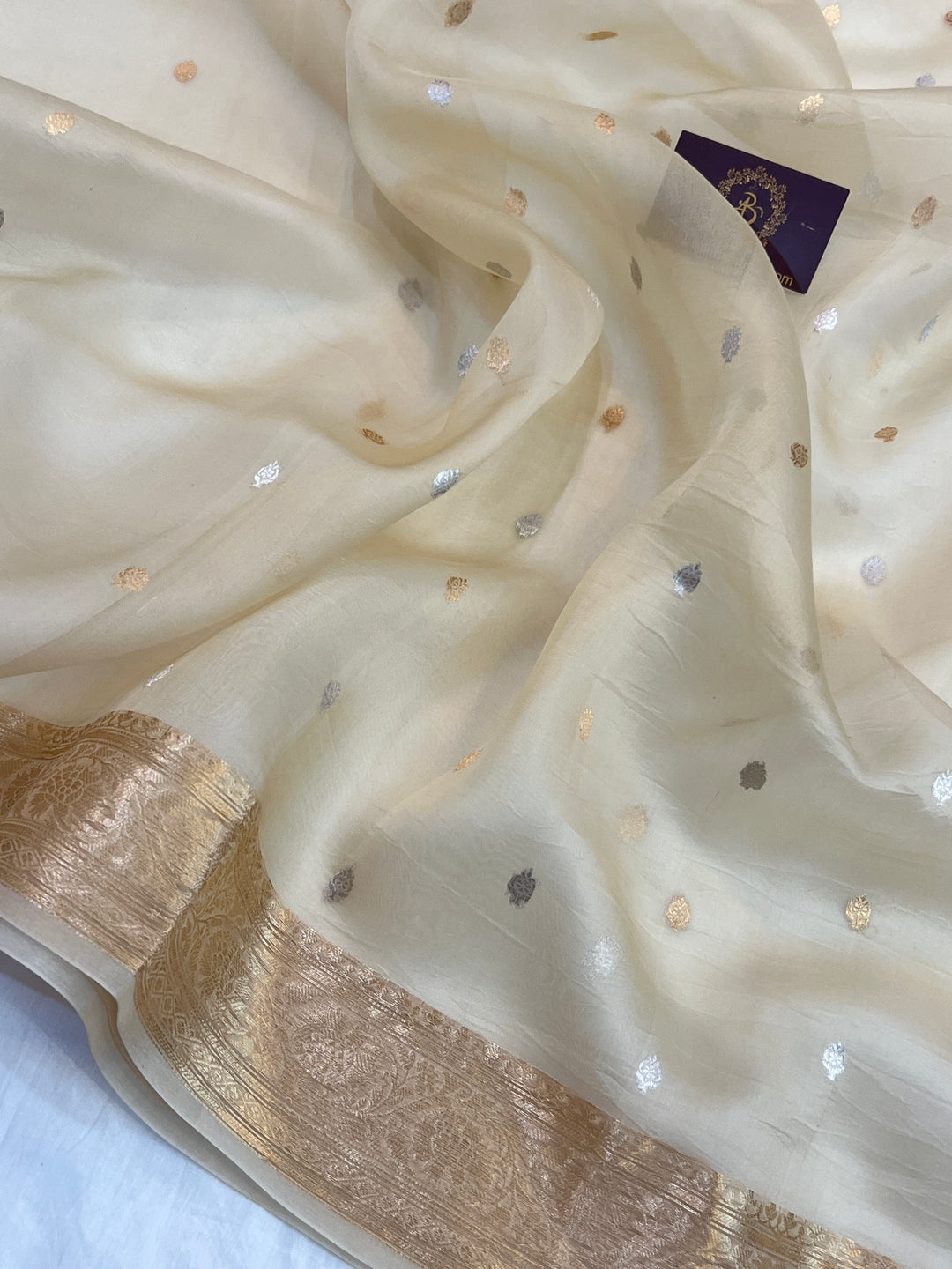 Cream Pure Kora Silk Handloom Banarasi Saree