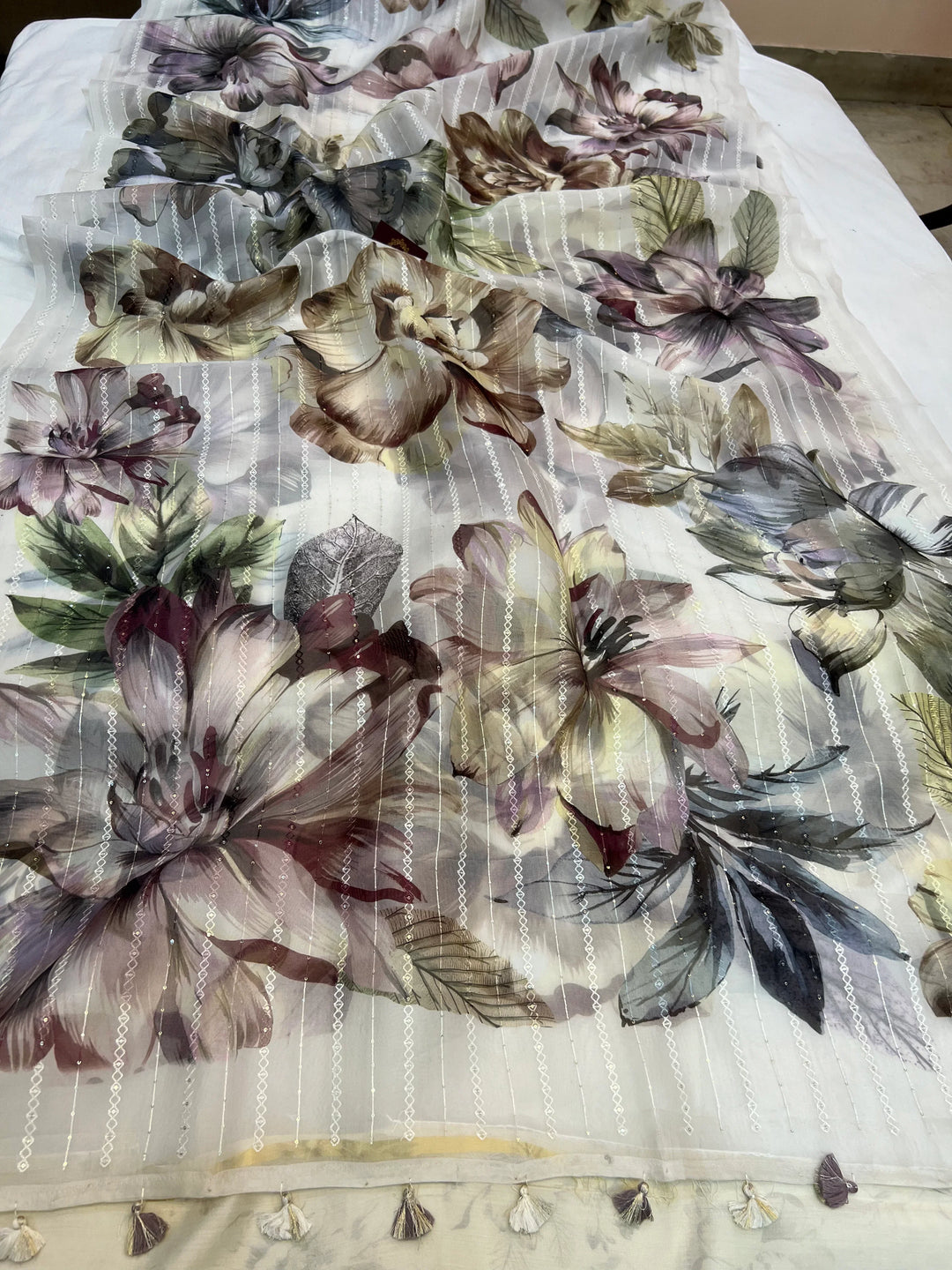 White Banarasi Kora Silk Saree with floral digital print and sequin embroidery