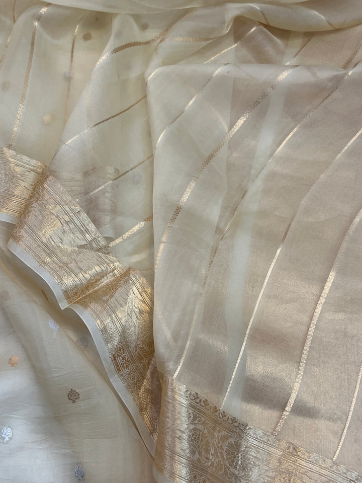 Cream Pure Kora Silk Handloom Banarasi Saree