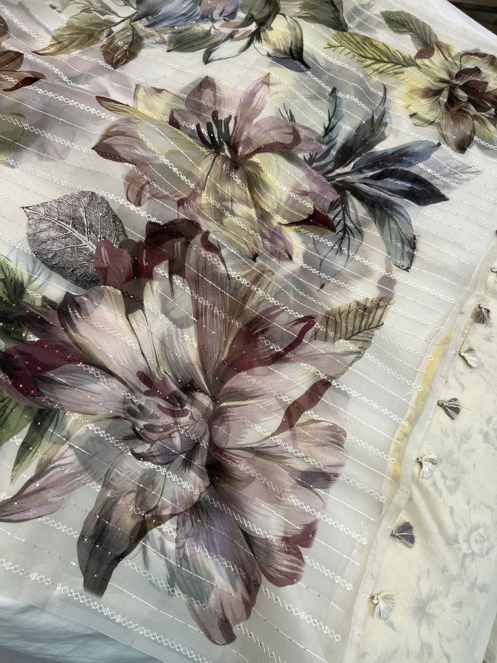 White Banarasi Kora Silk Saree with floral digital print and sequin embroidery