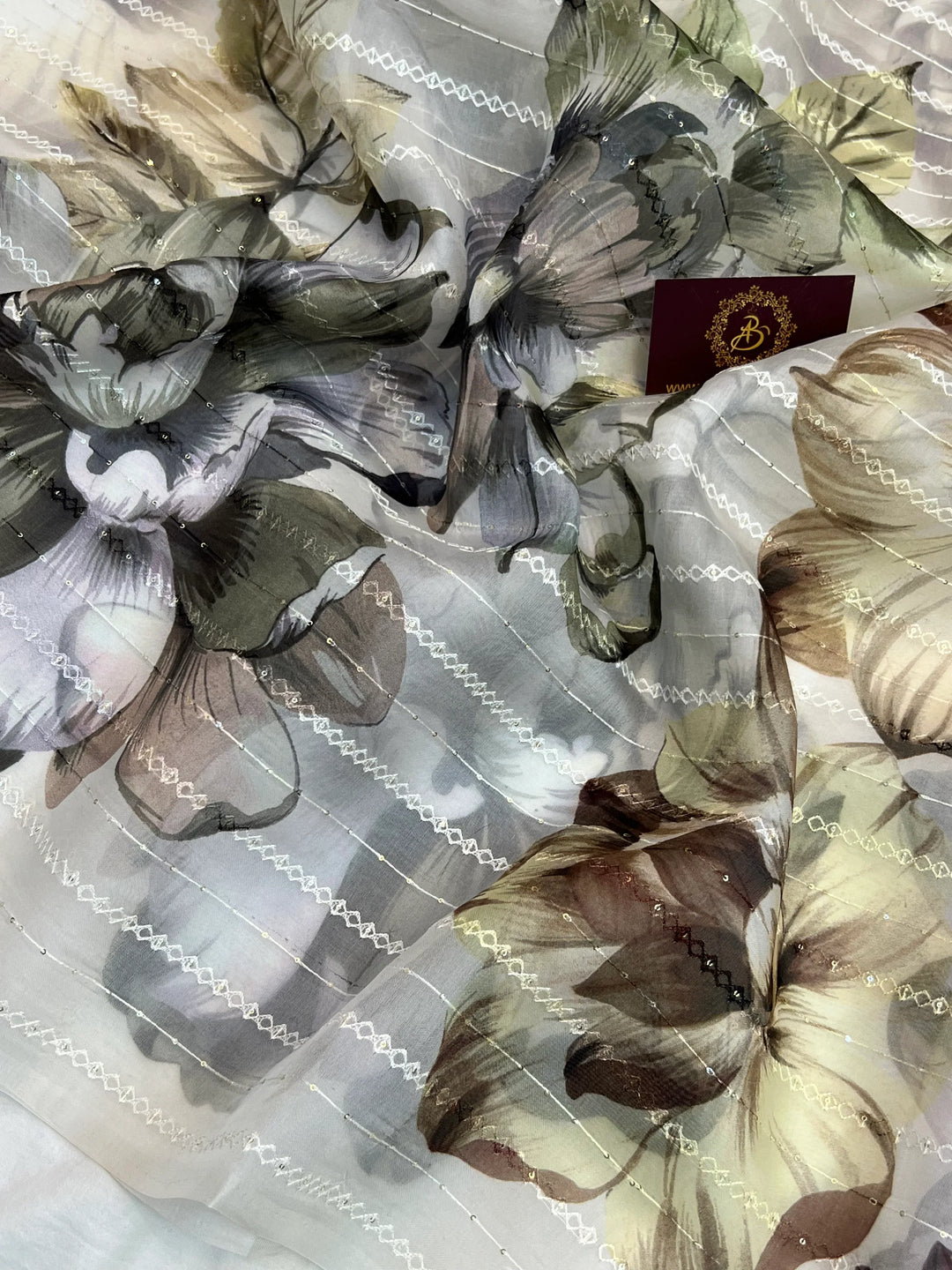 White Banarasi Kora Silk Saree with floral digital print and sequin embroidery