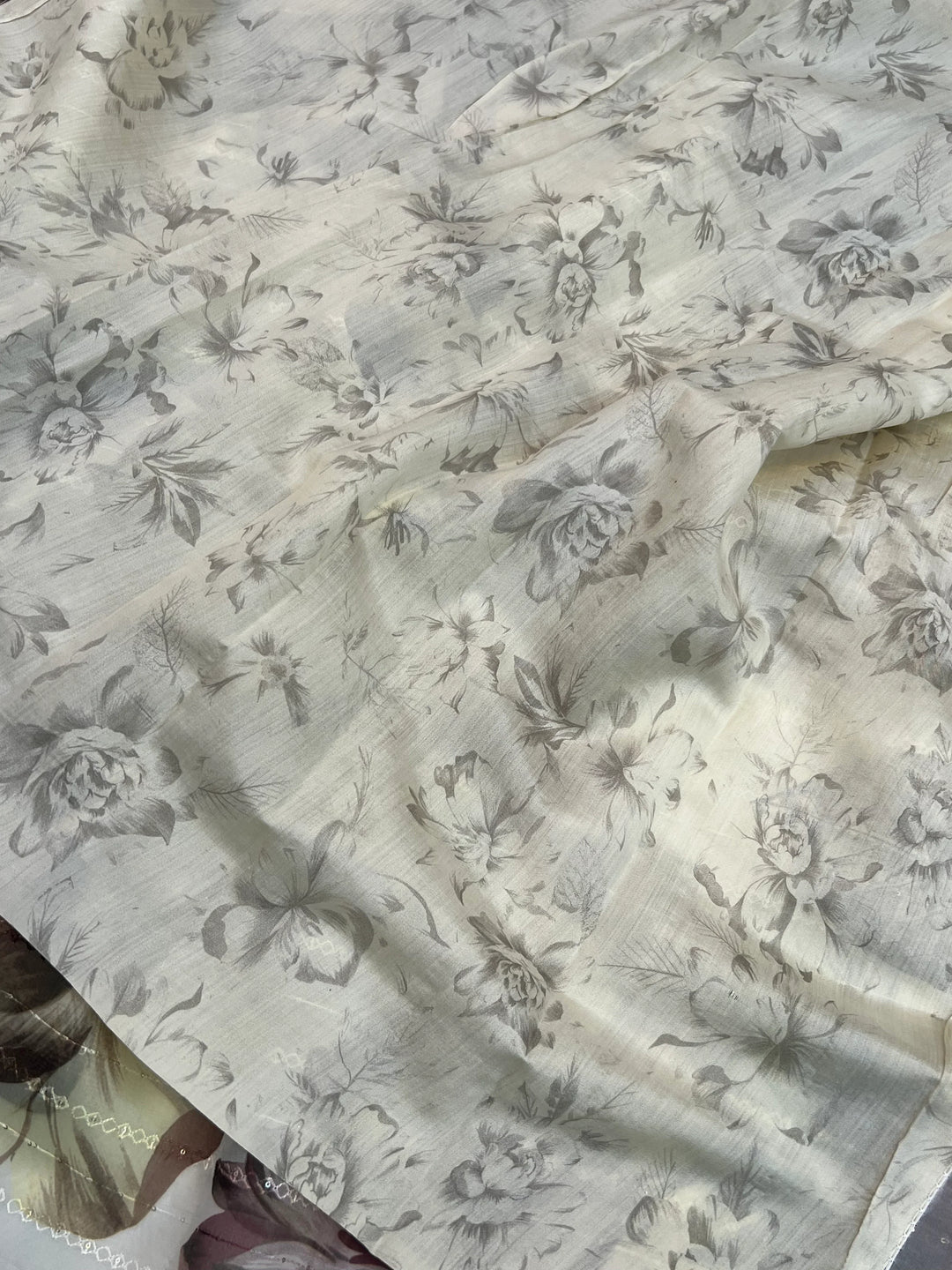 White Banarasi Kora Silk Saree with floral digital print and sequin embroidery