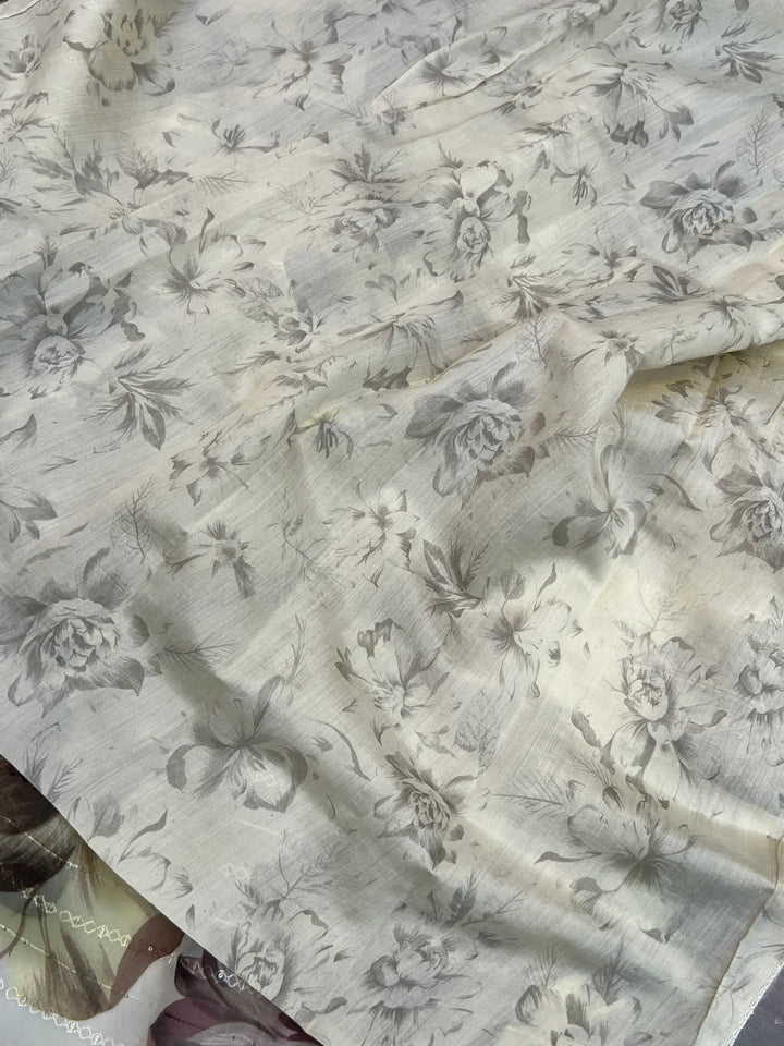 White Banarasi Kora Silk Saree with floral digital print and sequin embroidery