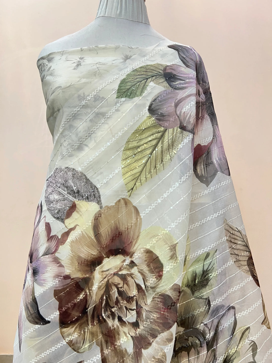 White Banarasi Kora Silk Saree with floral digital print and sequin embroidery